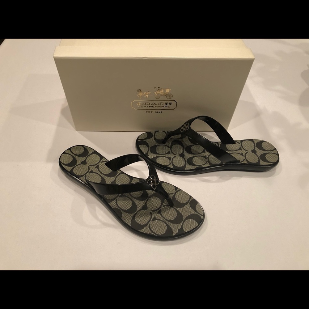 Coach Trixie Shiny PVC Signature “C” Woman’s Black Thong Flip Flops Size 6M